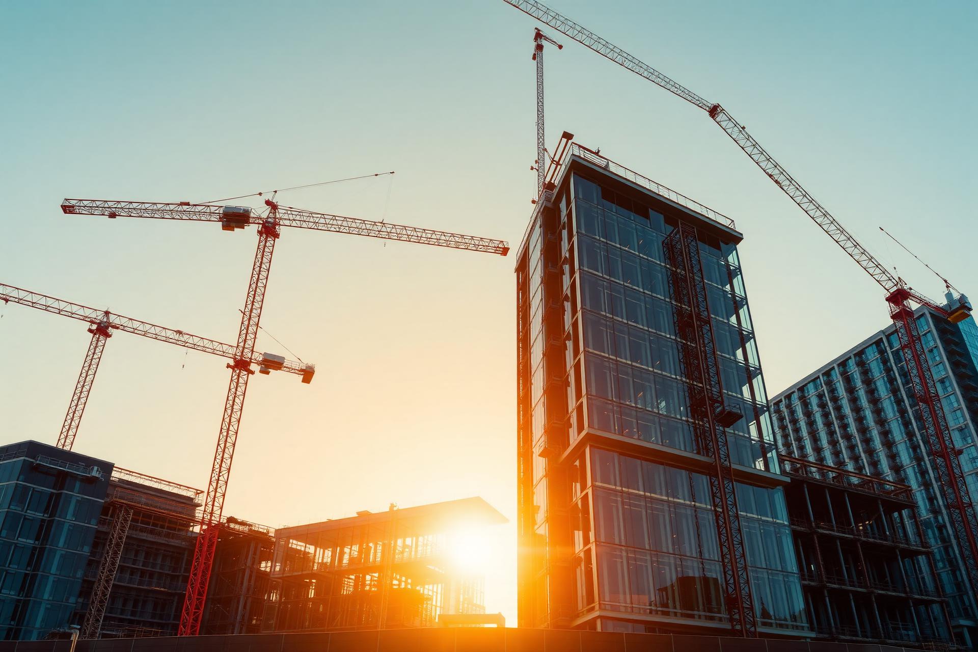 Modern commercial construction site at sunrise
